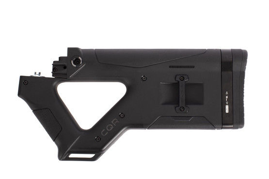 Hera Arms black CQR AK stock is completely ambidextrous with mirrored sling attachment points and symettrical grip